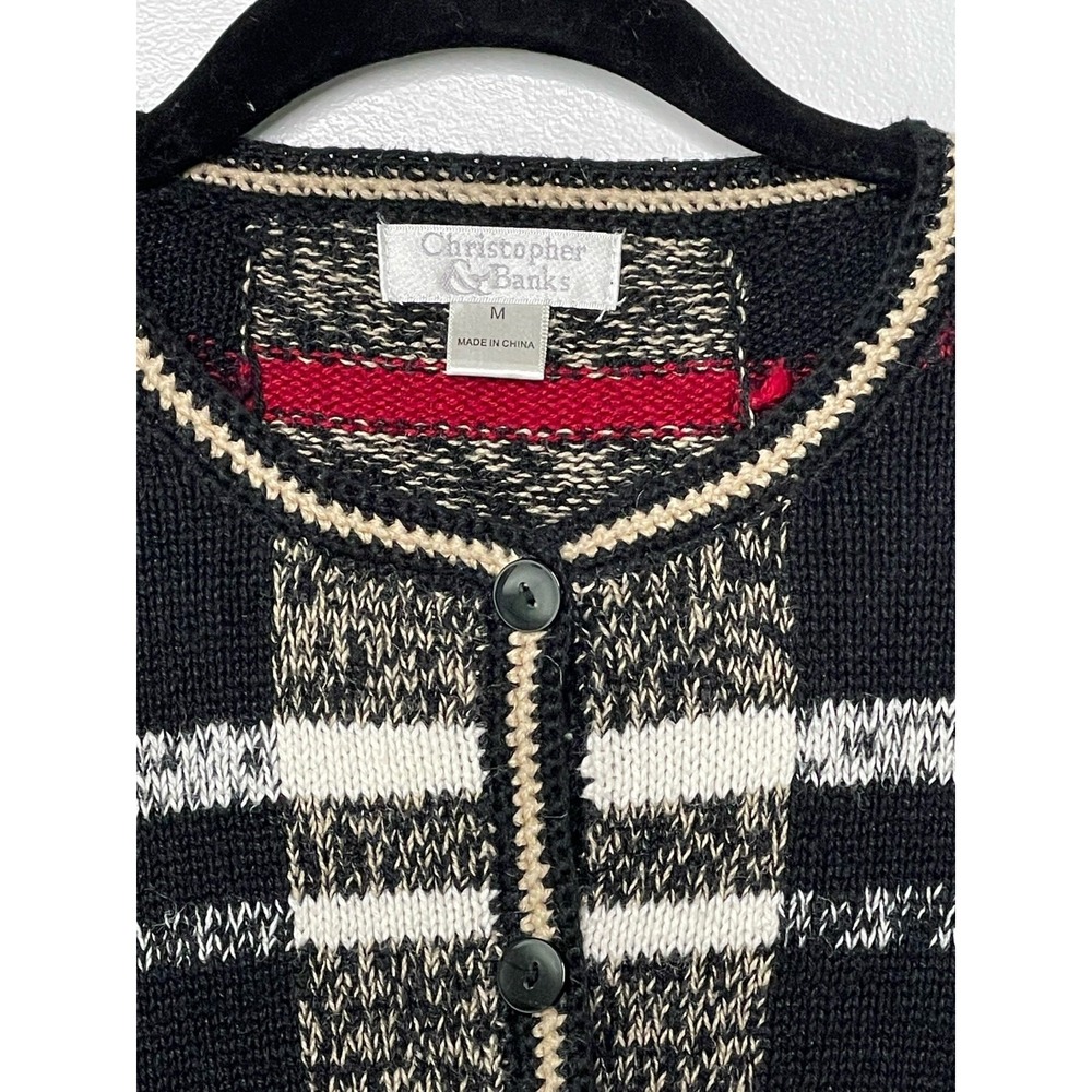 Christopher & Banks Women Plaid Button Front Cardigan Black Red Old Money Prep M - Picture 4 of 10